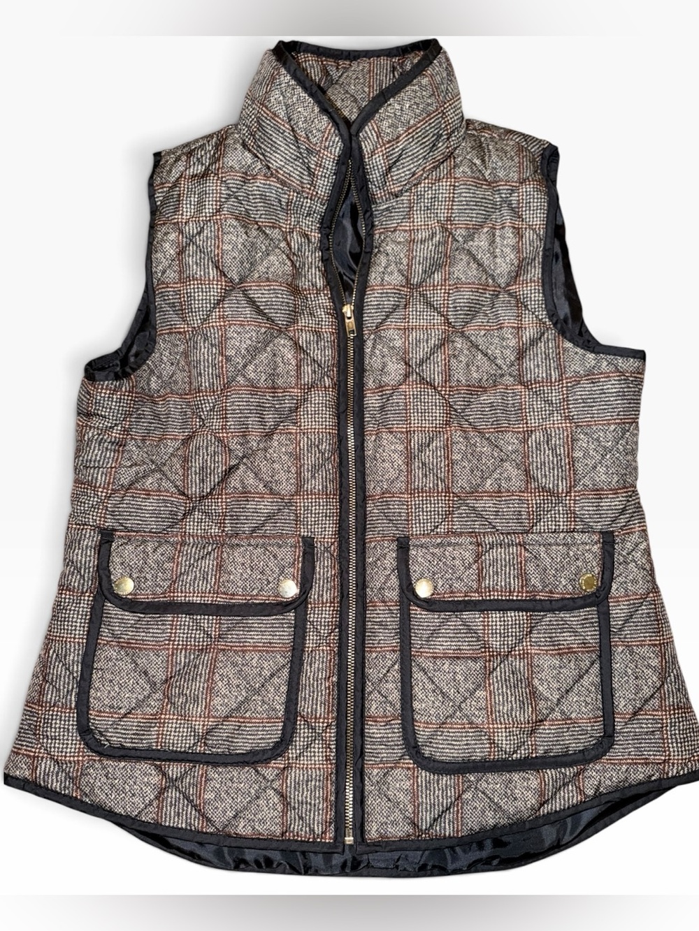 Willi Smith Brown Plaid Quilted Puffer Vest with Black Trim